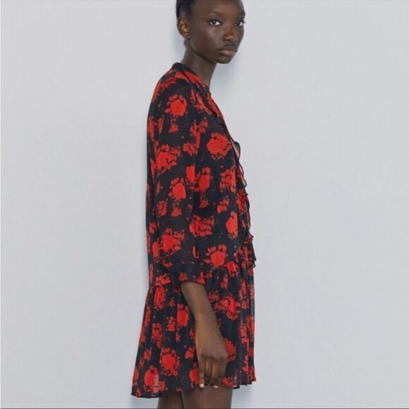 Zara Rose Floral Print Black Red Tiered Ruffle Dress - Picture 3 of 9